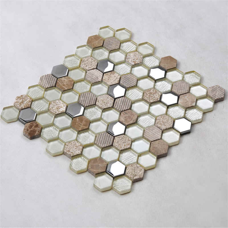 O chapeamento de prata do brilho coloriu o mosaico cerâmico do vidro de Backsplash da cozinha da telha da parede do hexágono