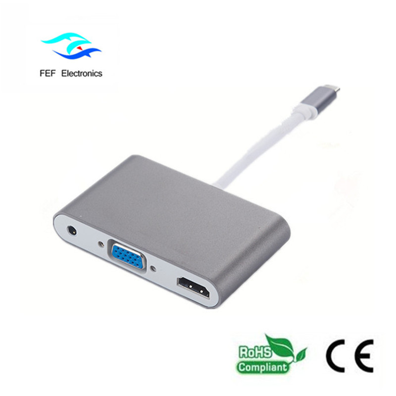 mini displayport / USB 3.1 tipo c para HDMI + VGA fêmea + áudio Código: FEF-DPIC-016