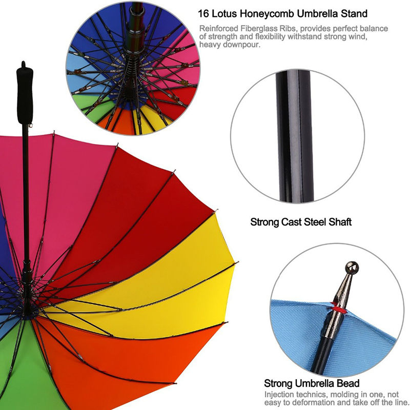 16 costelas arco-íris presentes da empresa guarda-chuva de reforço de metal guarda-chuva em linha reta com auto função aberta