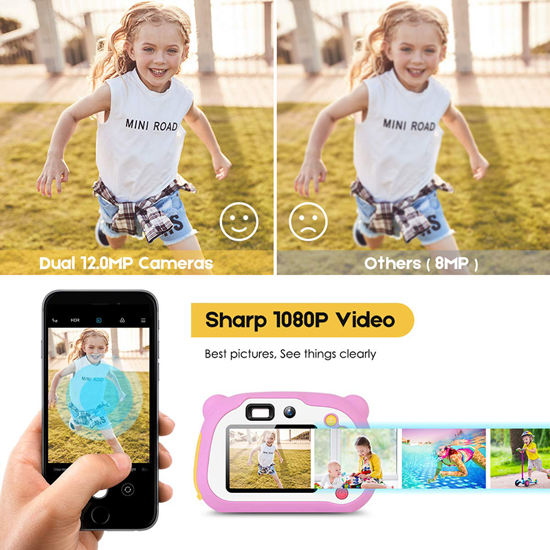 Crianças câmera 8.0MP recarregável Digital frente e traseira Selfie Camera criança filmadora, brinquedos de presente para 4-10 anos de idade meninos e meninas