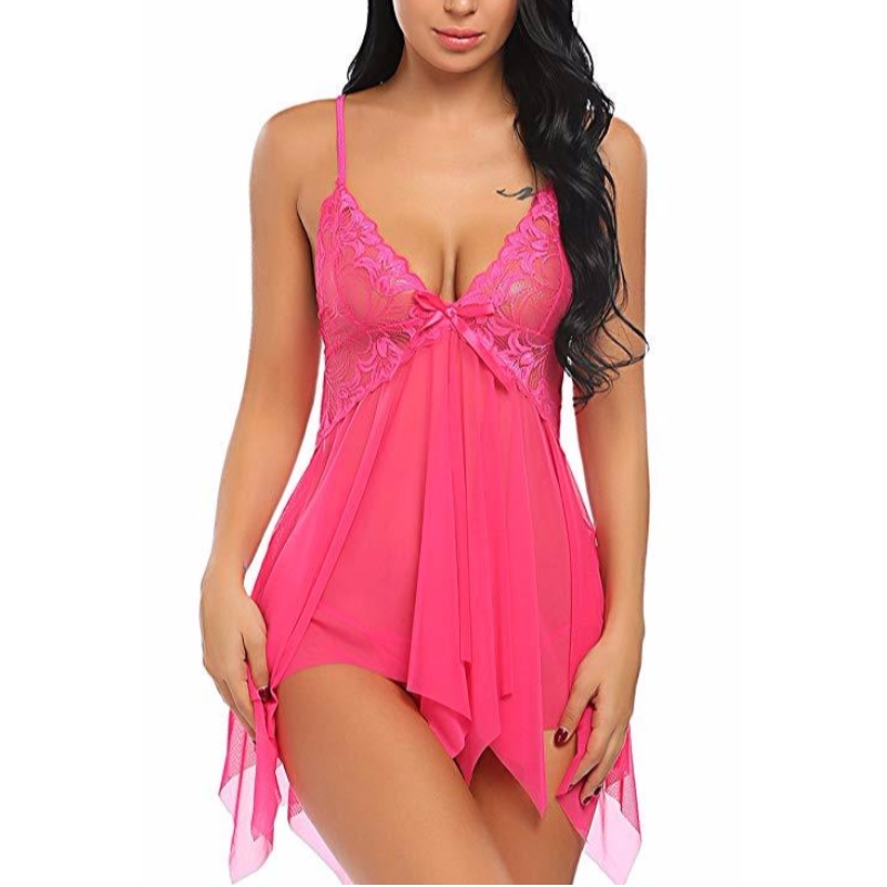 Mulheres Lingerie Sexy Lace Babydoll V Neck Sleepwear Strap Chemise em várias cores rosa-equipe