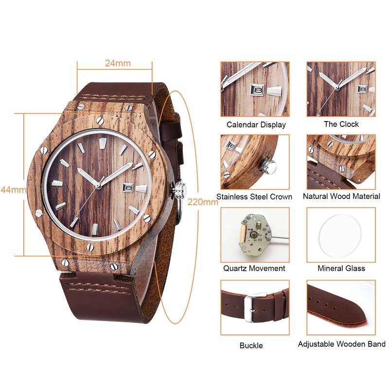 Relógios de madeira de bordo dos homens com pulseira de couro macio Movimento japonês Relógio masculino