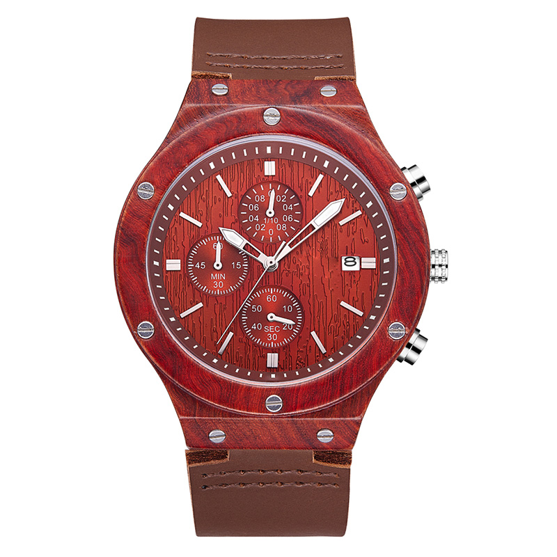 2019 New Red Soft Leather Strap Sandalwood Dial Relógio de madeira de pulso