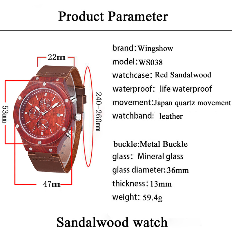 2019 New Red Soft Leather Strap Sandalwood Dial Relógio de madeira de pulso