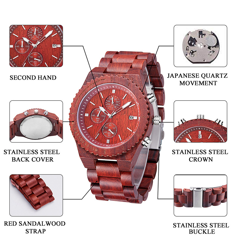 Relógio impermeável de sândalo vermelho com relógios de quartzo de moda de exibição de data