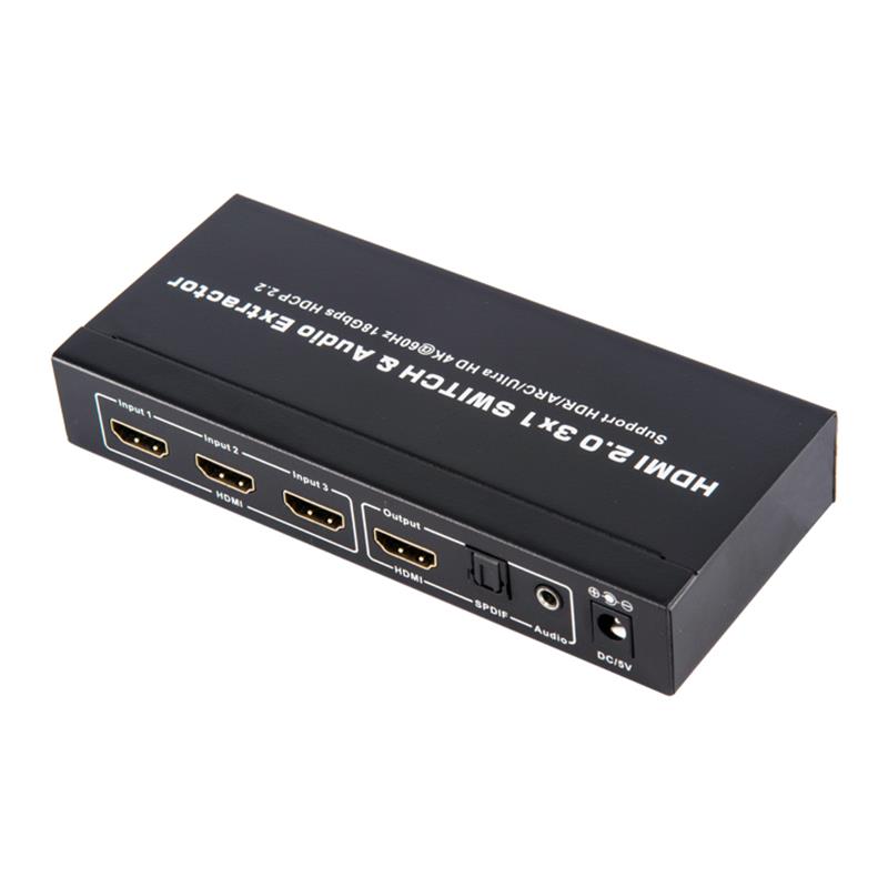 V2.0 Switcher HDMI 3x1 e extrator de áudio suportam ARC Ultra HD 4Kx2K a 60Hz HDCP2.2 18Gbps
