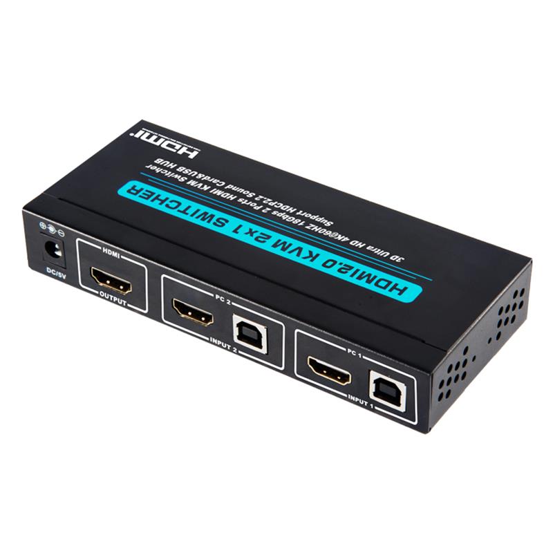 V2.0 Switch KVM HDMI 2x1 Suporte Ultra HD 4Kx2K a 60Hz HDCP2.2 Placa de som de 18Gbps e hub USB