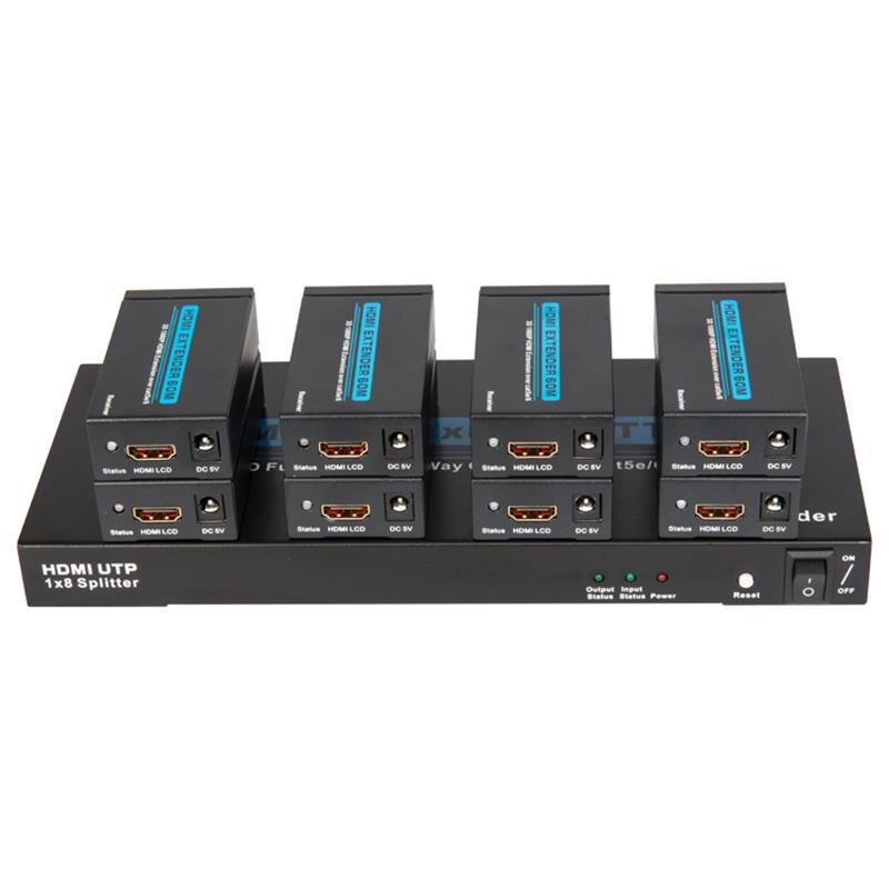 8 portas HDMI UTP 1x8 Splitter sobre Cat5e / 6 único com 8 receptores de até 60m