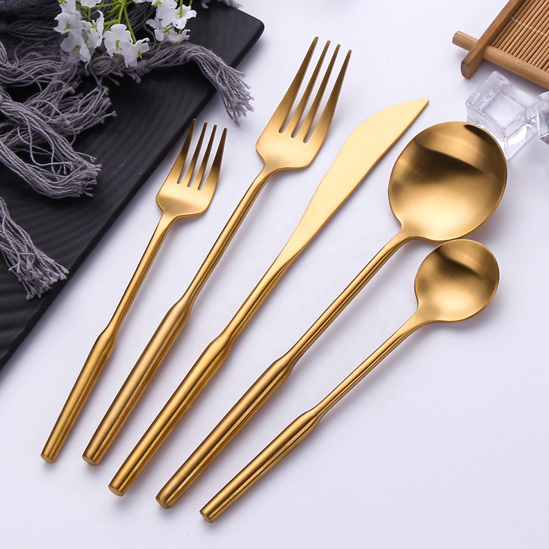 Titânio Gold Plating Brass Flatware Matt Finish Metal Fork Spoon Knife Matte Gold Cutlery