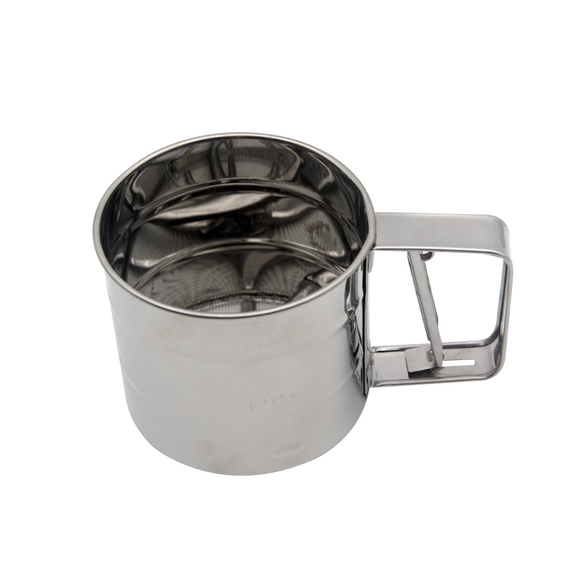 Ferramenta de cozimento com Escala de Medição Farinha Glacê de Açúcar Em Aço Inoxidável Shaker Peneira Copo Malha Manivela Farinha Peneira