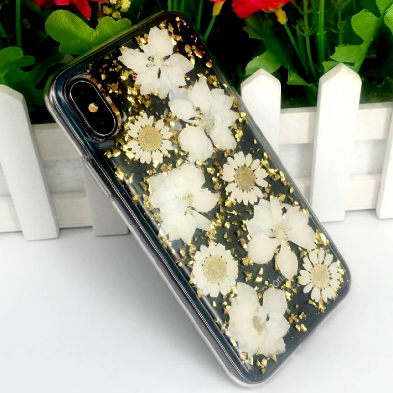IPhone direto do fabricante com adesivo de gota de folha de ouro flor verdadeira flor seca flor em relevo TPU apple estojo transparente inquebrável