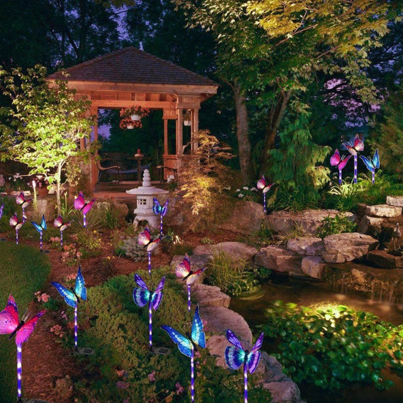 Multi-cor mudando LED jardim luzes solares borboleta de fibra óptica luzes decorativas jardim luzes de jogo solar