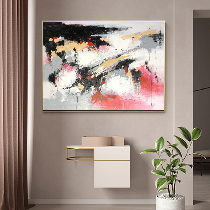 Venda quente tamanho grande rosa e preto handpaintedna lona acrílico pintura parede decoração abstrata arte de arte para sala de estar