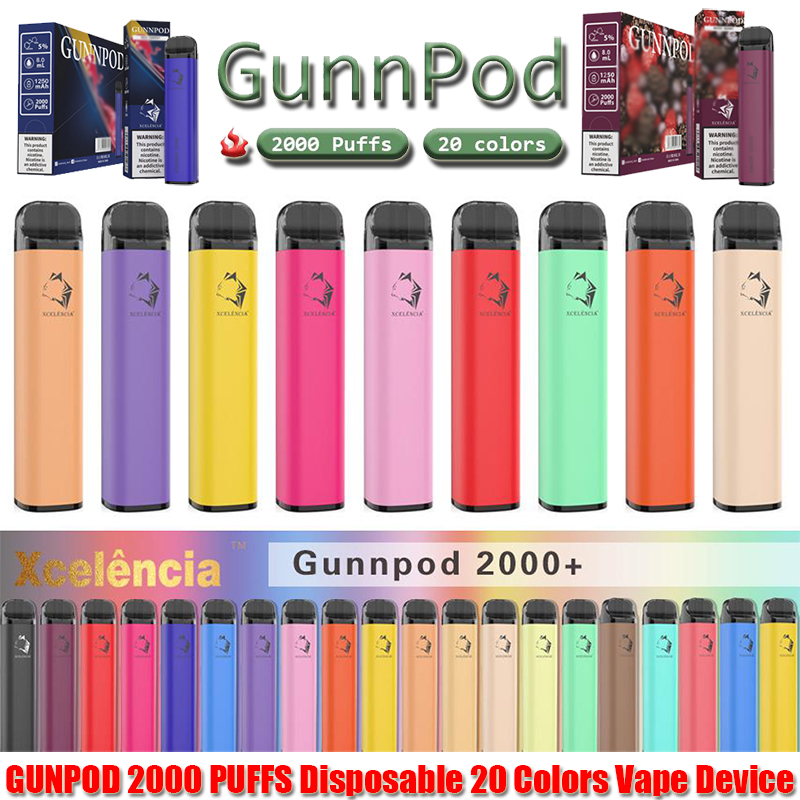 Gunnpod 2000 Puffs pré-repleto Vape Descartável 1250mAh bateria E Cigarro Deivce 18350 8ml Vaporizador Starter Kit vs Elf Bar 20 Flavs Caneta POD Puff GunPod
