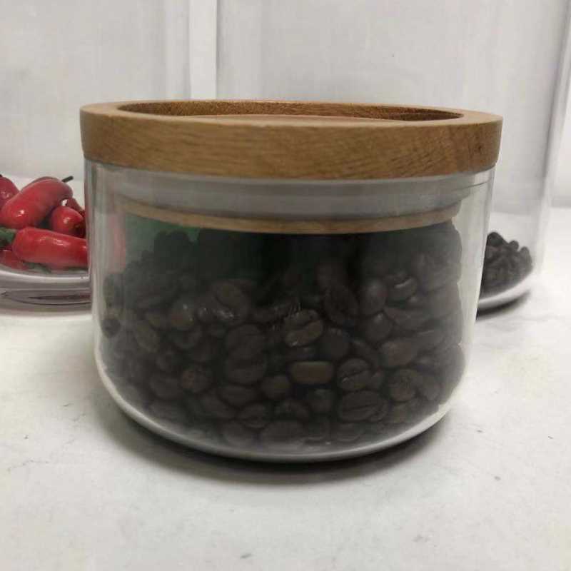 Coleção de jarra de vasilha de armazenamento de alimentos de vidro claro com tampa de madeira apertada de ar