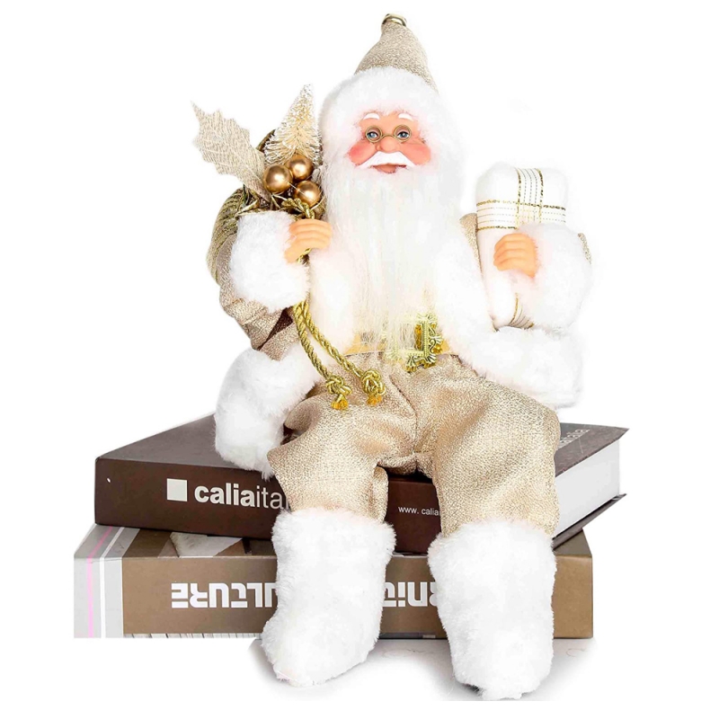 12inch sentado Dourado Santa Claus Estatueta com folhas de saco de presente e caixa vestindo branco sapatos de Natal decoração de férias