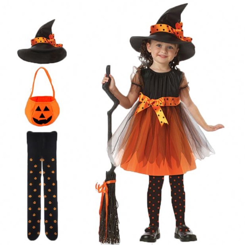 Vestido de bruxa Coloque o chapéu de abóbora Pantyhose Crianças meninas Halloween Cosplay Fantasia de bruxa adolescentes Vestido de menina