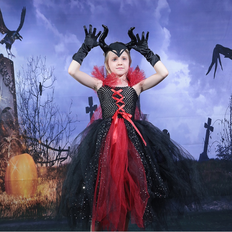 Amazon Hot Selling Kids Girls Deluxe Halloween Vampire Fantaspume Fada Princesa Evil Tutu Dress Horns
