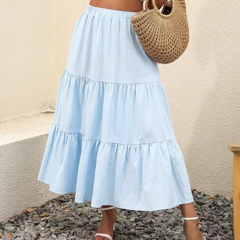 Verão feminino Boho elástico cintura plissada A-line Flowy Swing Swiered Long Beach Skirt Dress com PocketSkirt