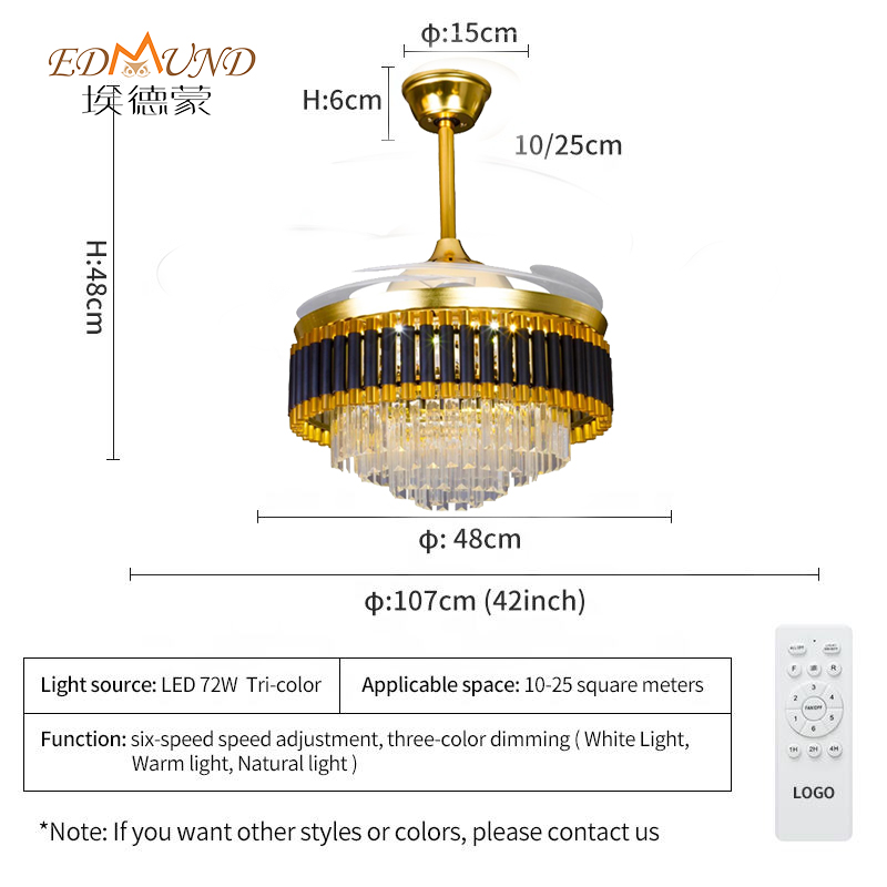Fã de teto do lustre de K008 com luz com remoto 42 polegadas 3 cor com lustre de ventilador de cristal de alto -falante