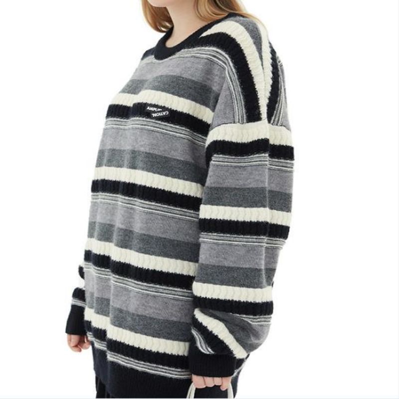 Suéter redondo pescoço de manga comprida suéter listrado para homens e mulheres