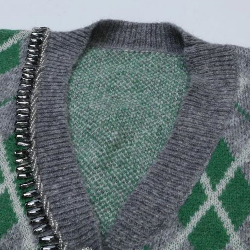 Argyle Jacquard maconha Mohair Cardigan Sweater Women Knitwear