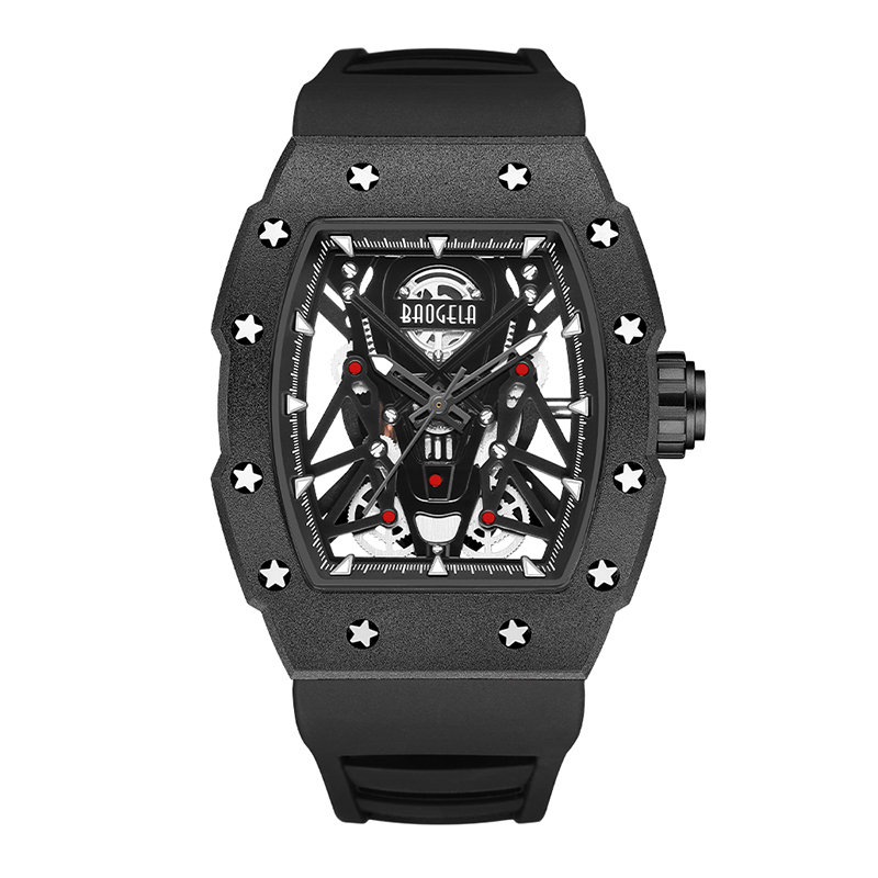 Baogela Silver Black Sport Quartz Watch for Men Tonneau Dial Analog Waterproof Watch Watch com Silicone Strap Luminous Hands 4145