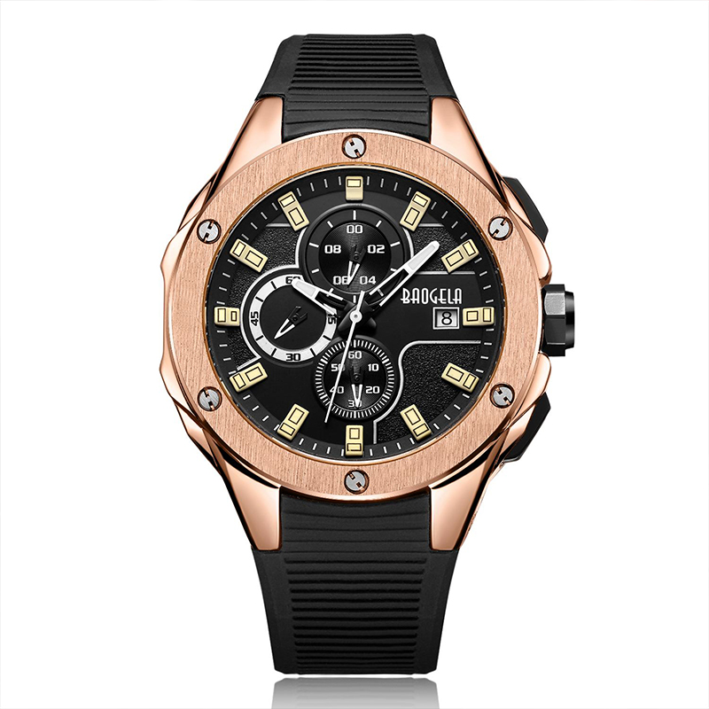 Marca de luxo baogela masculina silicone sports watch exército de moda watch homem cronógrafo quartzo wristwatch relogio masculino rose 22608