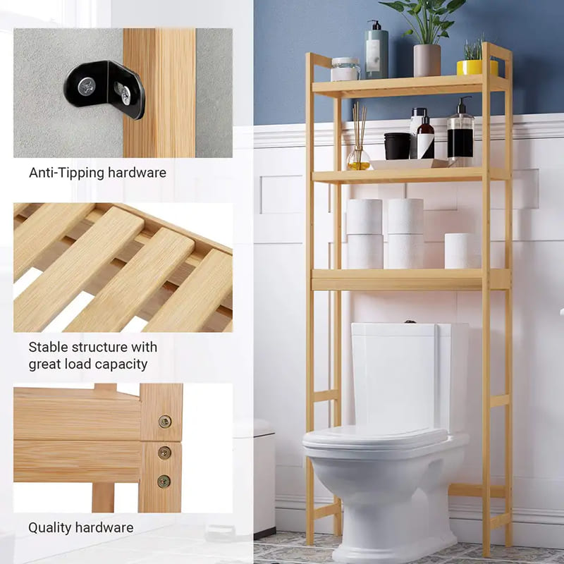 Organizador de armário de banheiro de bambu de três camadas personalizável sobre a prateleira de rack de armazenamento do banheiro