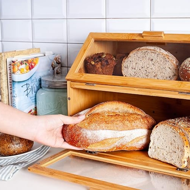 Caixa de pão de bambu para balcão de cozinha - armazenamento de pão de dupla camada com janelas transparentes - lata de pão de estilo de fazenda rústica
