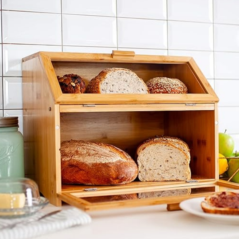 Caixa de pão de bambu para balcão de cozinha - armazenamento de pão de dupla camada com janelas transparentes - lata de pão de estilo de fazenda rústica