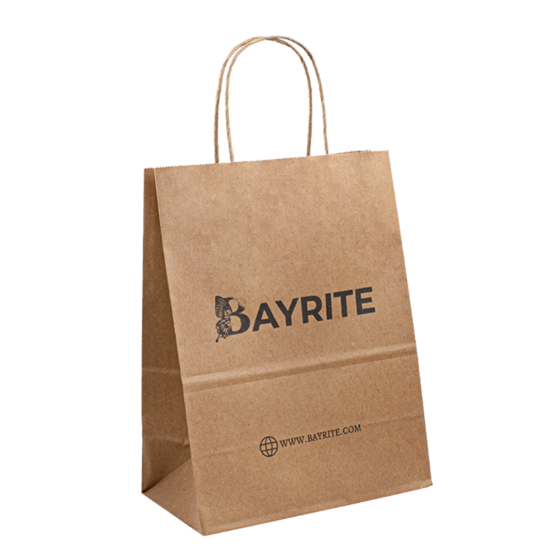 Saco de papel marrom reciclável Kraft com corda manusear seu logotipo, alça plana Kraft Shopping Paper Bag