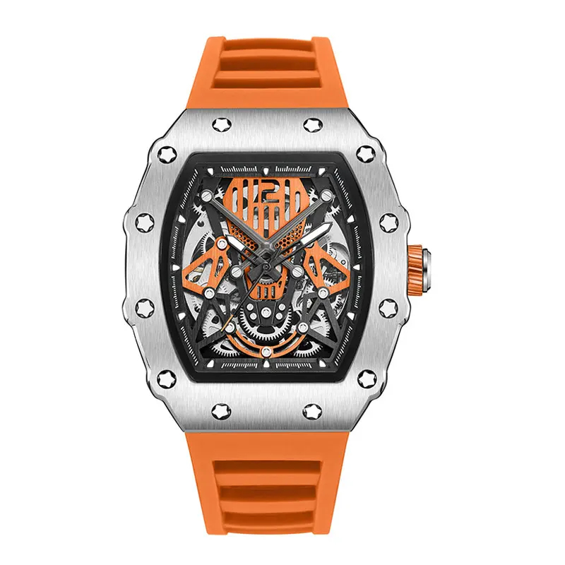 Baogela New completo Mecânica automática Assista Brand Fashion Hollow Luxury Watches Men Relógio à prova d'água laranja laranja