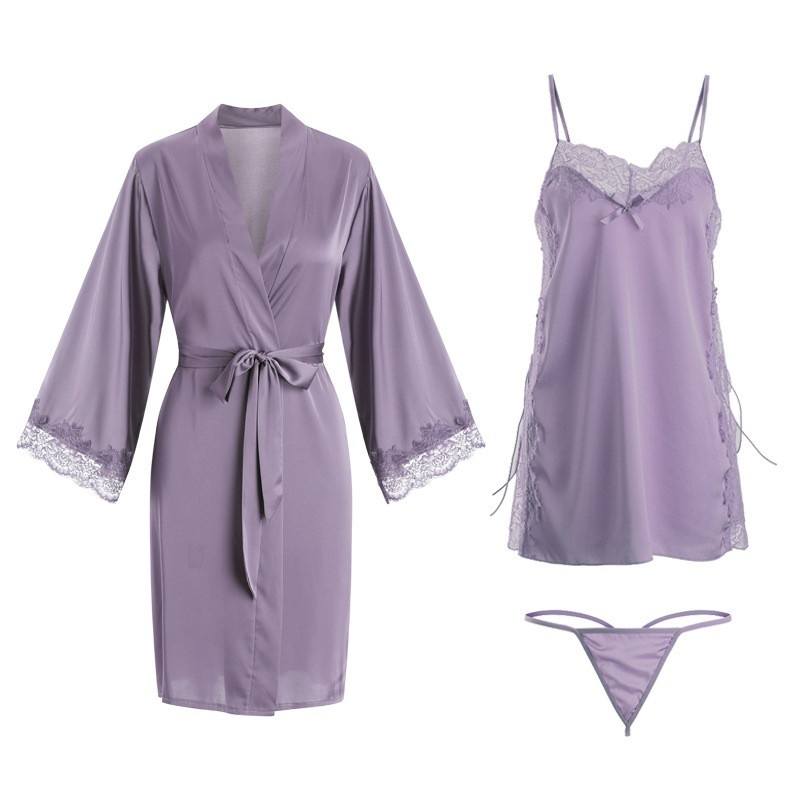 Renda sexy e confortável-Palé, pura e sedutora camisola de cetim com fendas laterais e tiras de gravata, combinadas com uma túnica, um conjunto de roupas domésticas: 542 Preço:$149.99