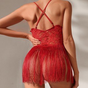 Lingerie sexy, renda sexy, design puro, Deep V - pescoço para uma aparência sedutora, com borla - painéis e cruze - Vestido de suspensão com apoio, preço do F2640:$79.99