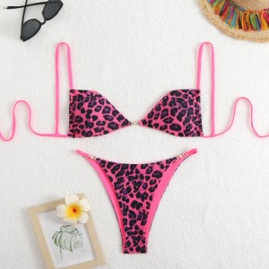 Sexy Leopard Print Halter Bikini Swimsuit para mulheres, exalando uma sensação de luxo. Adequado para a praia e fontes termais. Entre-Item de maiô de fronteira QT25055 Preço:$79.99