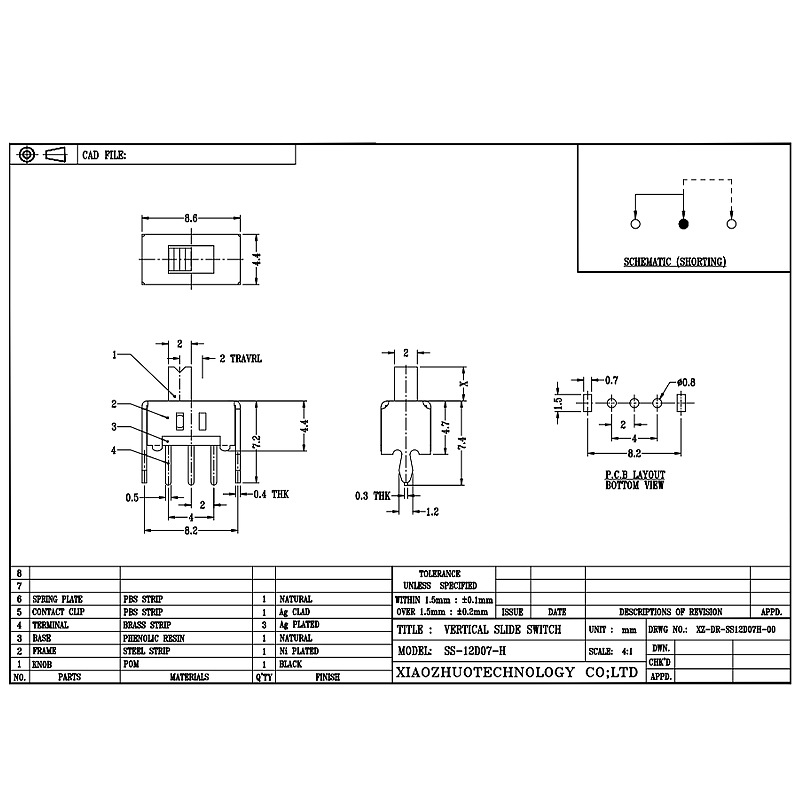 interruptor de slide ss12d07 para pequenos eletrodomésticos, 2-Speed ​​Single-Linha 3-pino horizontal, banda vertical